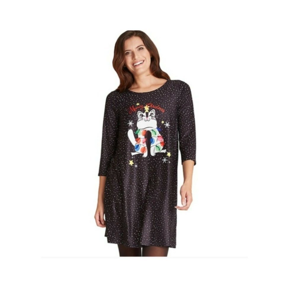 💰3/$25 NWT Dress Works Christmas Swing Dress Cat Meowy Print Ugly Christmas m